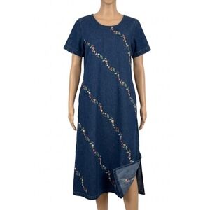 Vintage 90s La Cera 100% Cotton Embroidered Floral Denim Dress Small Cottagecore